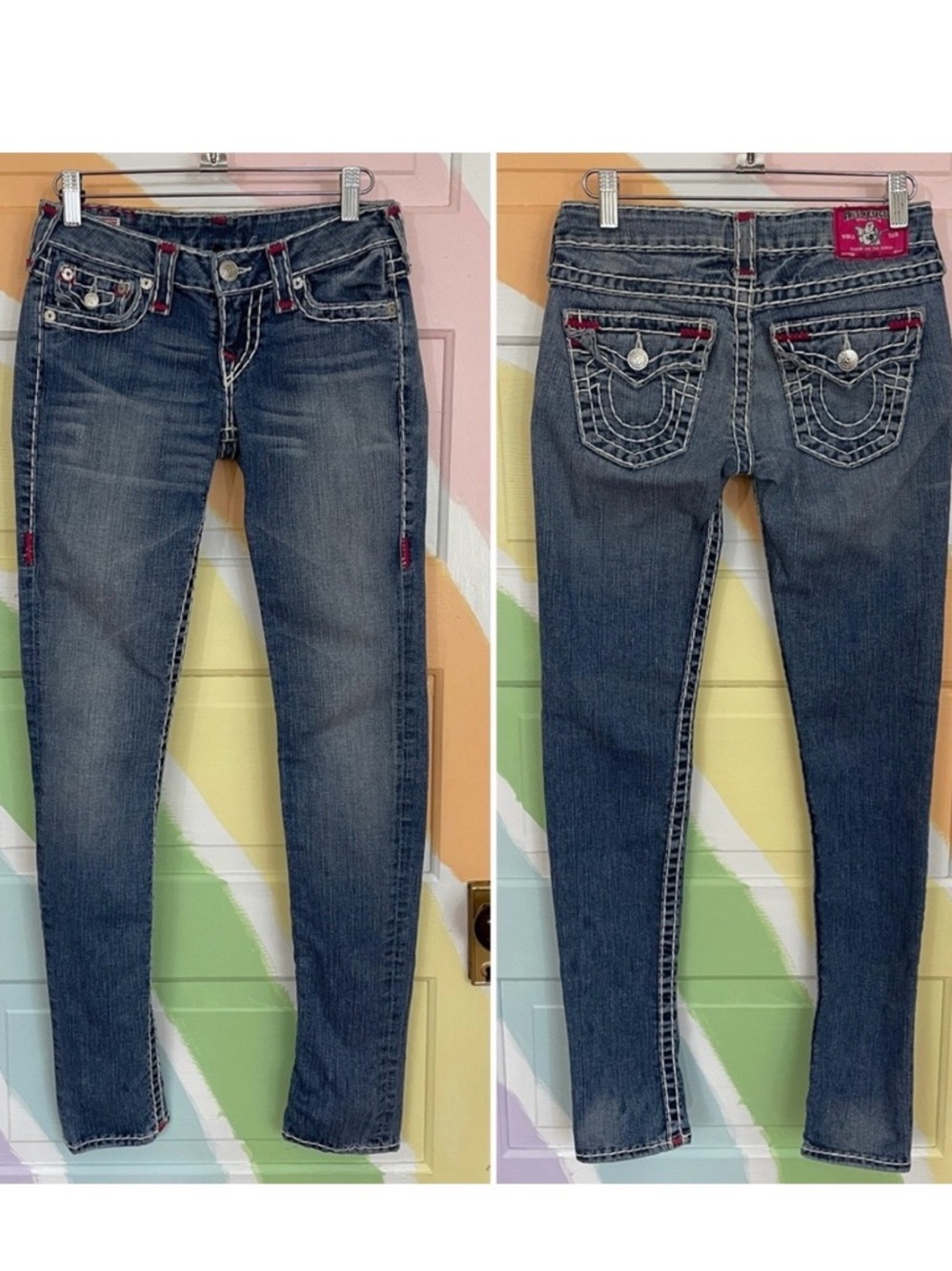 Vintage Rare True Religion Low Rise Denim Pink Stitch & Patch Y2K Jeans Sz 25 🧡🎀